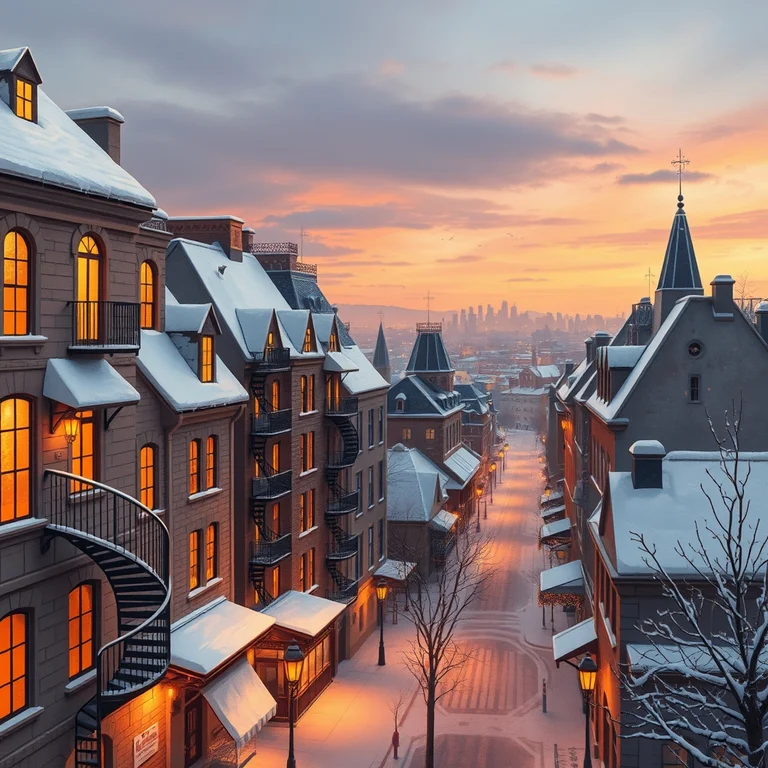 Painterly illustration of a snowy Montréal street at dusk, with glowing amber windows and a peach sky over the city